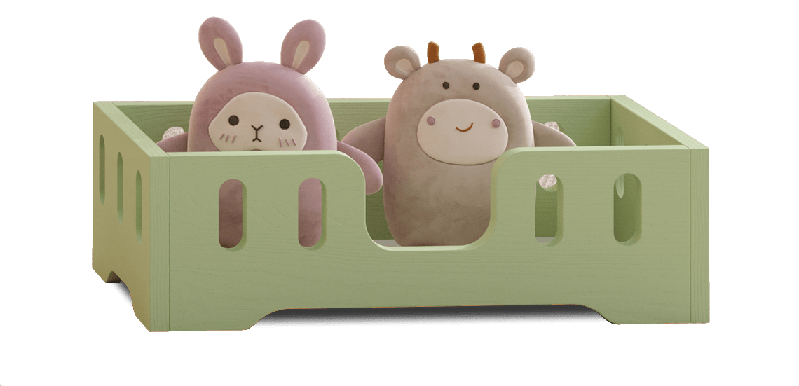 Drewniane łóżko dla lalek z podłużnymi wycięciami w barierkach ze sklejki sosnowej w kolorze zielonym